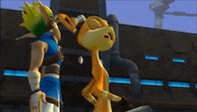 two cartoon characters are standing next to each other