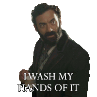 a man with a beard holds a cup of coffee and says i wash my hands of it