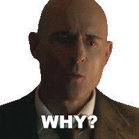 a bald man in a suit and tie is asking the question " why "