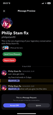 a screenshot of a message between philip stam fix and patrick la