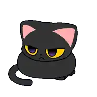 a black cat with pink ears is sitting down with its mouth open