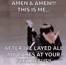 a man is laying on the floor with his legs crossed and says amen and amen !!!