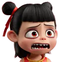 a cartoon character with a red ribbon in her hair making a funny face