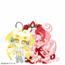 a couple of anime characters sitting next to each other on a white background