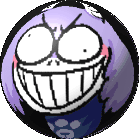 a pixel art drawing of a purple ball with a big smile on it .