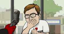 a man wearing a t-shirt that says i love tom
