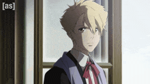 a boy in a suit and tie stands in front of a window with the word [ as ] visible in the corner