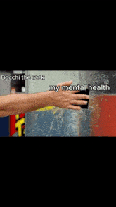 a man is standing in front of a glass container of water with the caption " my mental health bocchi the rock " on the bottom