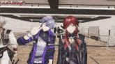 a couple of anime characters standing next to each other in a room with chinese writing on the wall