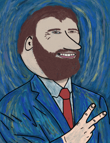 a cartoon drawing of a man with a beard wearing a blue suit and red tie