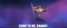 a cartoon character is holding a trident and says `` come to me , granny '' .