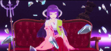 a girl with purple hair is sitting on a couch