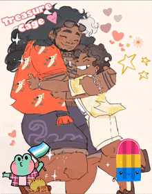 a drawing of two people hugging with the words treasure cage on the top