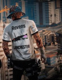a man in a ravens lanchester shirt stands in front of a city skyline