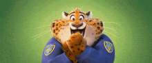 a cartoon cheetah is wearing a police uniform and smiling