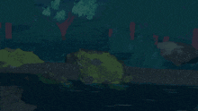 a frog is sitting on a rock in a dark pond