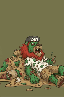 a cartoon illustration of a lion wearing a hat that says lazy