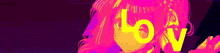 a colorful illustration of a girl with the word love written in yellow on her face .