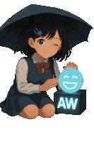 a girl with an umbrella is holding a smiley face on top of a box that says aw