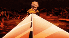 a cartoon character is standing in a dark room with a pyramid in the background