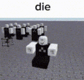 a group of roblox characters are standing next to each other and the word die is on the bottom