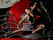 a man and a woman are dancing in front of a red circle that says noapte bunal
