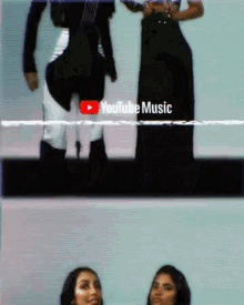 two women are standing next to each other with a youtube music logo above them