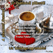 a greeting card with a cup of coffee on a saucer