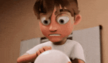 a cartoon boy is holding a white ball in his hands .