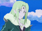 a cartoon character with green hair and a purple eye