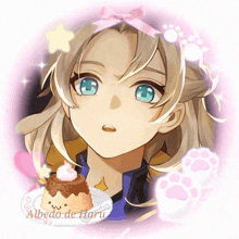 a pixel art of albedo de haru with a cake in the foreground