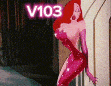 a cartoon of a woman in a red dress and gloves is standing in front of a sign that says v103
