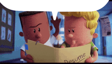 two cartoon characters looking at a resume in a binder