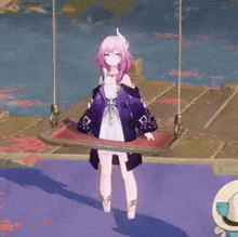 a girl in a purple dress is standing on a swing in a video game .