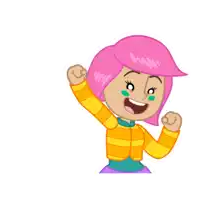 a cartoon girl with pink hair is holding a heart in her hand