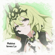 a drawing of a girl with the words mobius loves lu below her