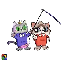 two cartoon cats with one wearing a purple hoodie that says block