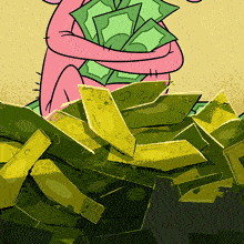 a cartoon drawing of a turtle holding a pile of money with the number 20 on it