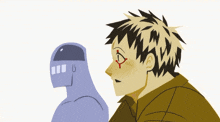 a cartoon drawing of a man with a red eye standing next to a robot