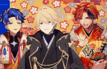 a group of anime characters are posing for a picture with flowers in the background