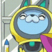 a close up of a cartoon character wearing a yellow and blue costume