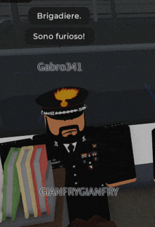 a cartoon character with a beard and a hat says brigadiere sono furioso
