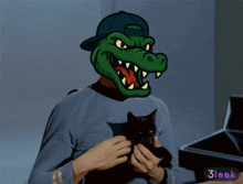 a cartoon of a man with a crocodile mask holding a black cat