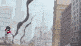 a cartoon character is running through a city .