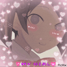 a picture of a girl surrounded by pink hearts and the words my girl