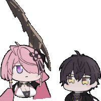 a girl with pink hair is holding a sword and a boy with black hair is standing next to her