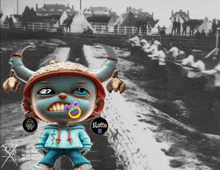 a cartoon character with a pacifier in his mouth and the number 27 on his face