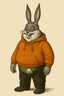 a drawing of a bunny wearing a hoodie and a pair of adidas pants