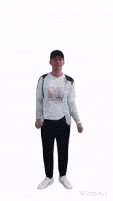 a man in a white shirt and black pants is standing with his arms outstretched on a white background