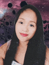 a woman with long black hair is standing in front of a galaxy
